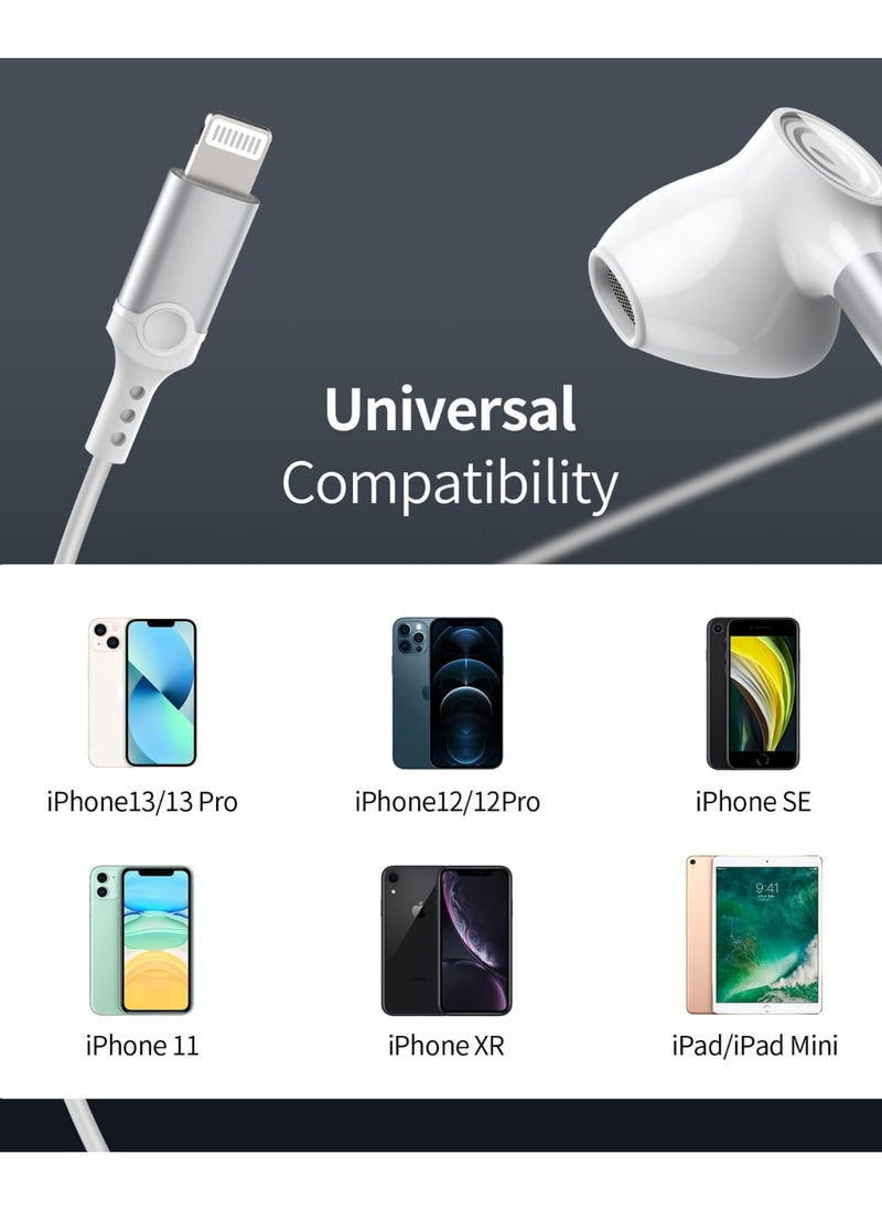 Half In-Ear Wired Earphones with Lightning Connector, Magnetic Earbuds with Mic & Volume Control, Compatible with iPhone 14/13/12/11/SE/XR/X/8/7, Noise Isolating, 1.2M Cable – White