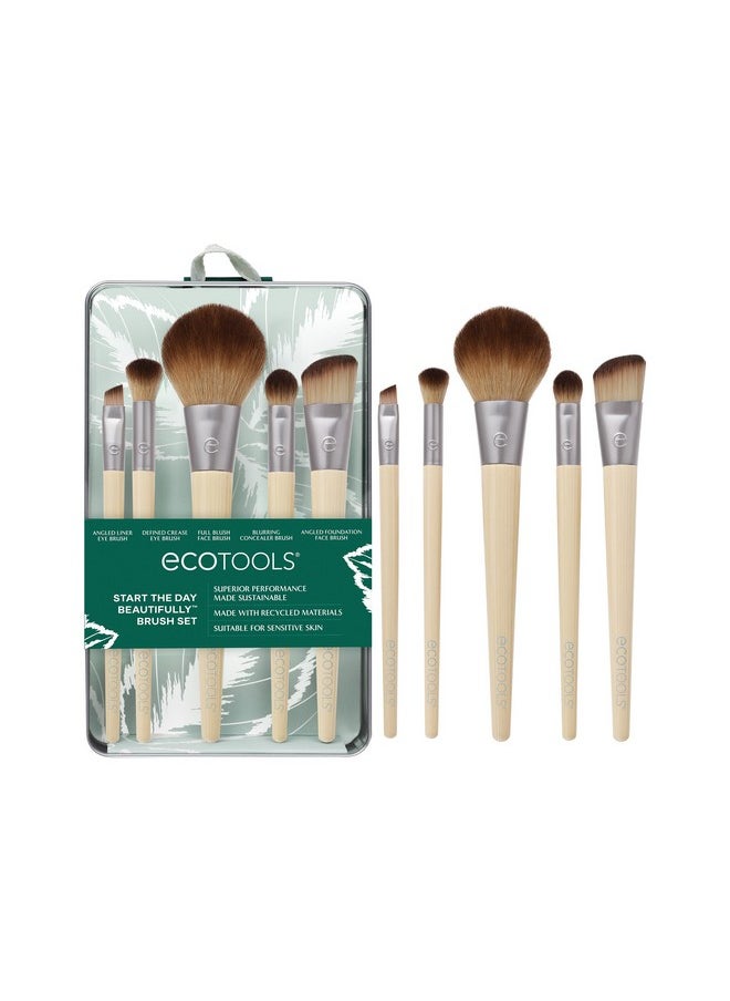 EcoTools Start The Day Beautifully 6 Piece Makeup Brush Set, Makeup Brushes For Eyeshadow, Blush, Concealer, & Foundation Application, Eco-Friendly, Gift Set, Synthetic Hair, Vegan & Cruelty-Free