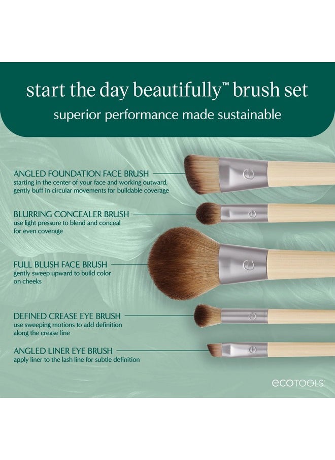 EcoTools Start The Day Beautifully 6 Piece Makeup Brush Set, Makeup Brushes For Eyeshadow, Blush, Concealer, & Foundation Application, Eco-Friendly, Gift Set, Synthetic Hair, Vegan & Cruelty-Free