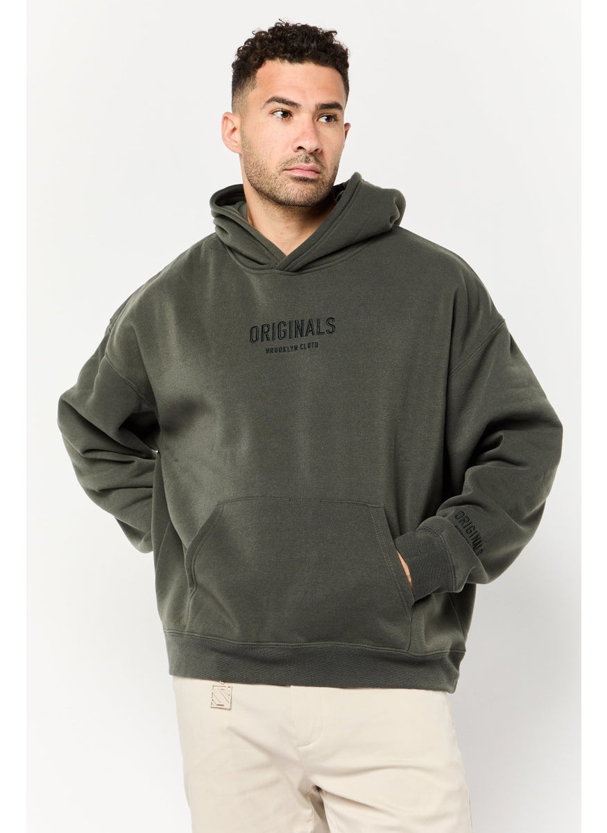 Men Embroidered Logo Long Sleeve Hoodie, Dark Olive