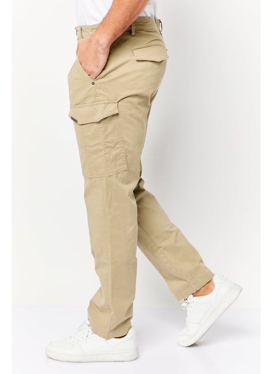 Men Slim Fit Plain Cargo Pants, Beige