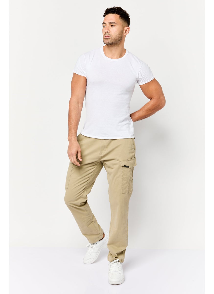 Men Slim Fit Plain Cargo Pants, Beige
