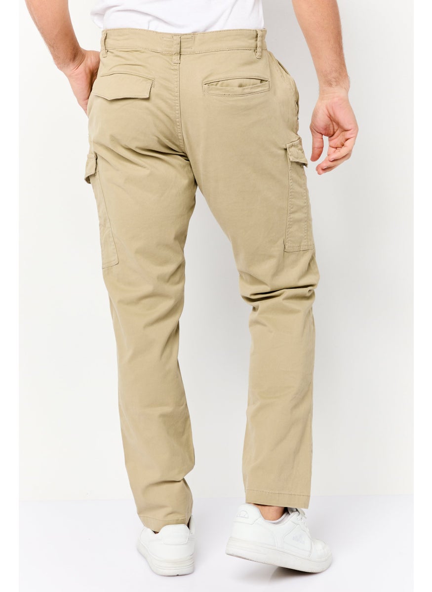 Men Slim Fit Plain Cargo Pants, Beige