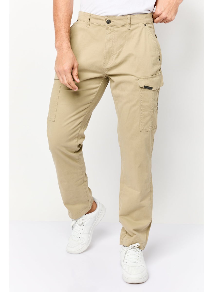 Men Slim Fit Plain Cargo Pants, Beige