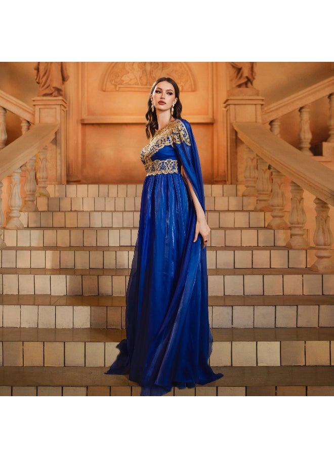 Women's New High-End Long Sleeve Round Neck Slim-Fit Waist-Defined Lace Evening Gown Dress with Flared Skirt
