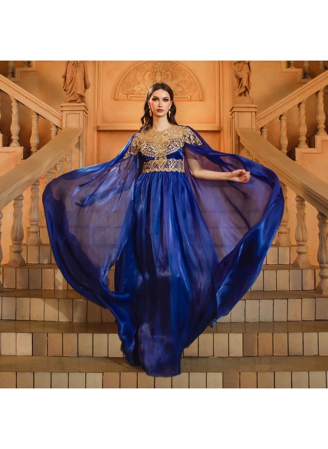 Women's New High-End Long Sleeve Round Neck Slim-Fit Waist-Defined Lace Evening Gown Dress with Flared Skirt