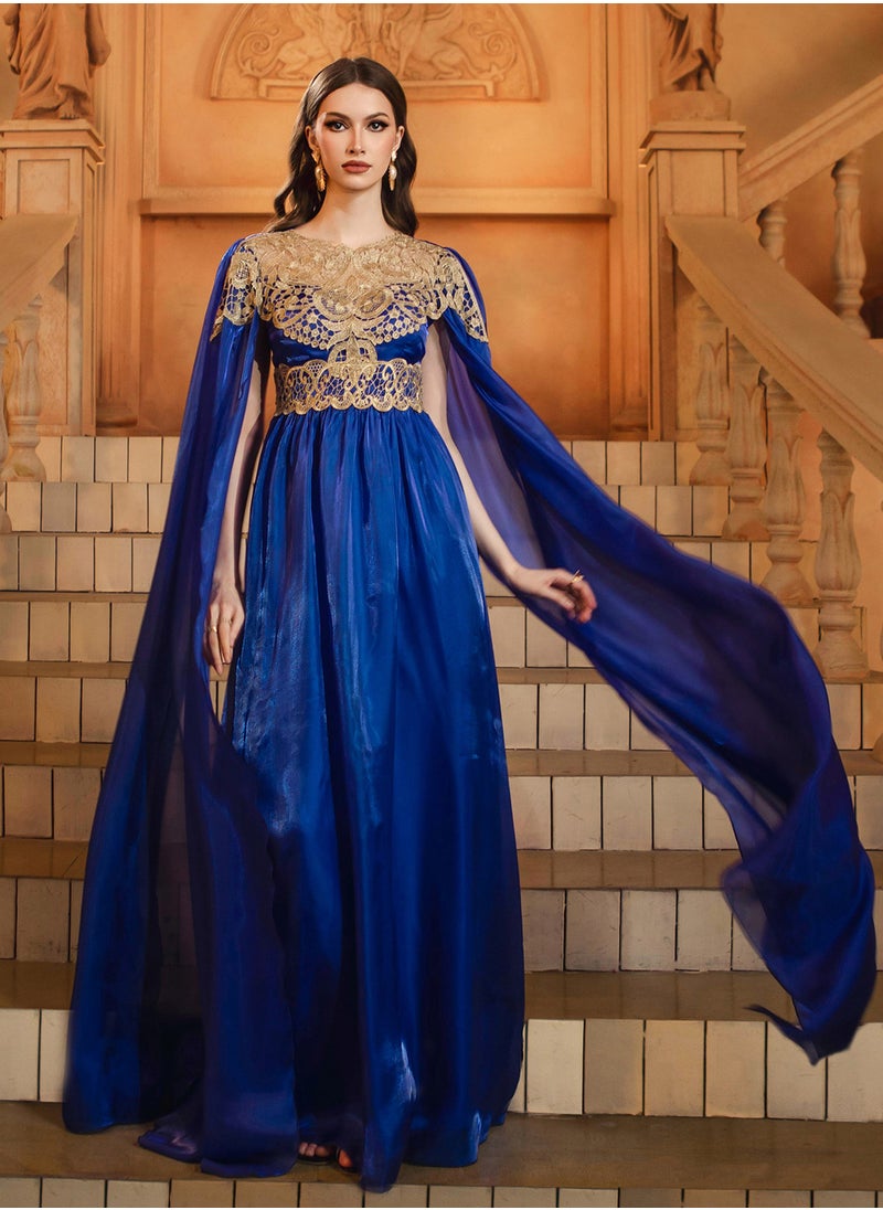 Women's New High-End Long Sleeve Round Neck Slim-Fit Waist-Defined Lace Evening Gown Dress with Flared Skirt