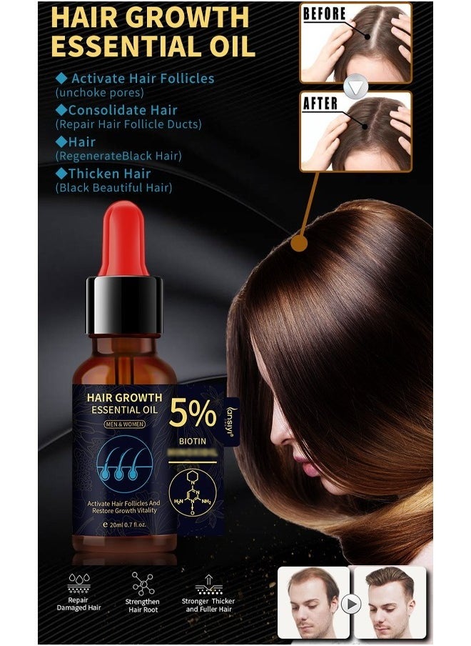 Hair Growth Essential Oil ，5% Minoxidil and Biotin with Natural Herbal Extract for Women Men Hair Regrowth Hair Loss Hair Thinning Treatment 20ml