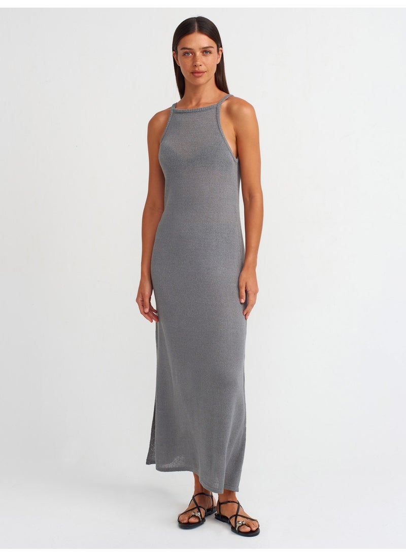 90219 Halter Neck Side Slit Knit Dress-Gray