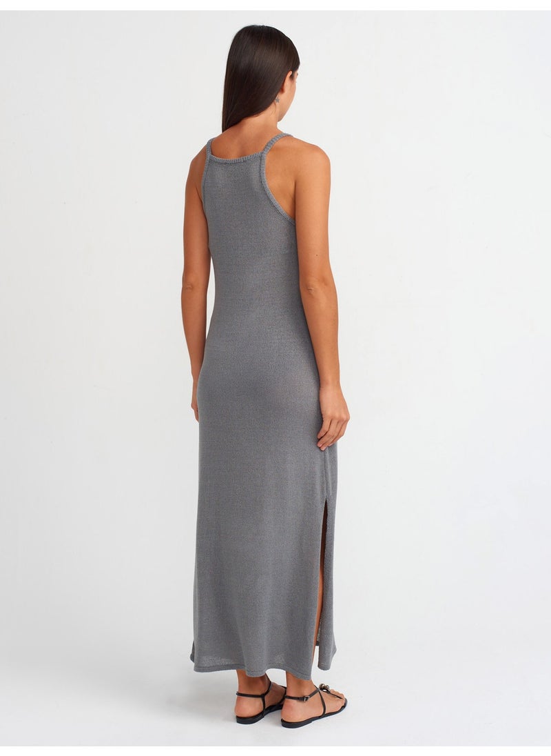 90219 Halter Neck Side Slit Knit Dress-Gray