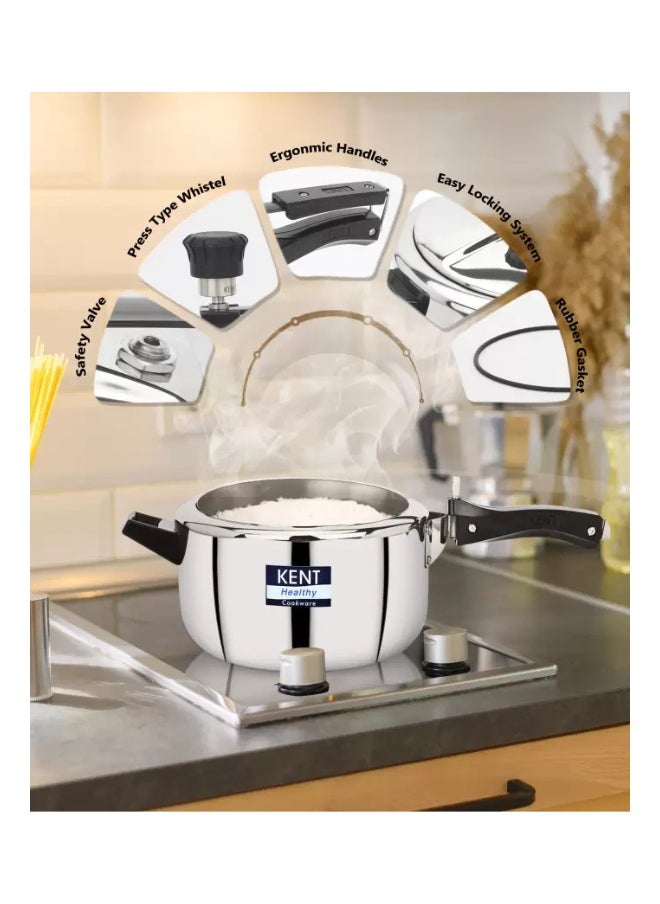 5 LitersLiters KENT Triply Stainless Steel Inner-Lid Pressure Cooker – 5L | Durable, Induction & Gas Compatible | Rust-Resistant | Fast & Safe Family Cooking Silver