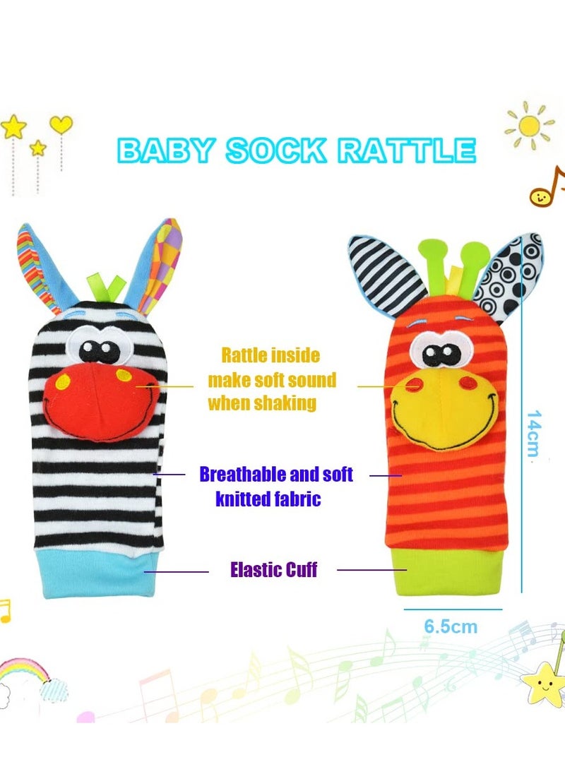 Baby Rattles Toy Socks and Wrist, Pack of 4 Foot Finder and Wrist Rattle Soft Development Toy Plush Toys Game for Newborn Girls and Boys Baby Gift 0-6 Months