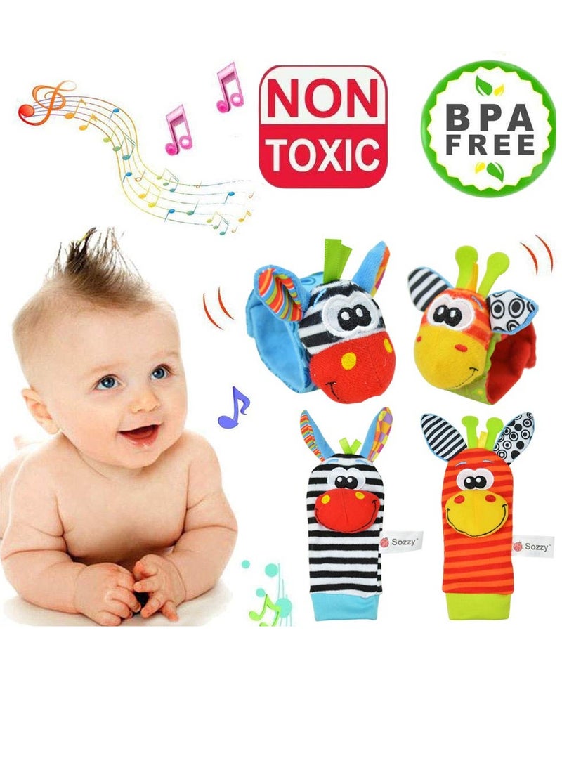 Baby Rattles Toy Socks and Wrist, Pack of 4 Foot Finder and Wrist Rattle Soft Development Toy Plush Toys Game for Newborn Girls and Boys Baby Gift 0-6 Months