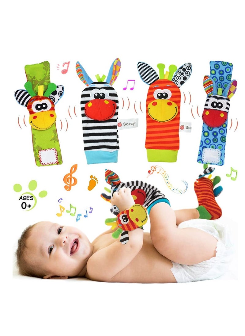 Baby Rattles Toy Socks and Wrist, Pack of 4 Foot Finder and Wrist Rattle Soft Development Toy Plush Toys Game for Newborn Girls and Boys Baby Gift 0-6 Months