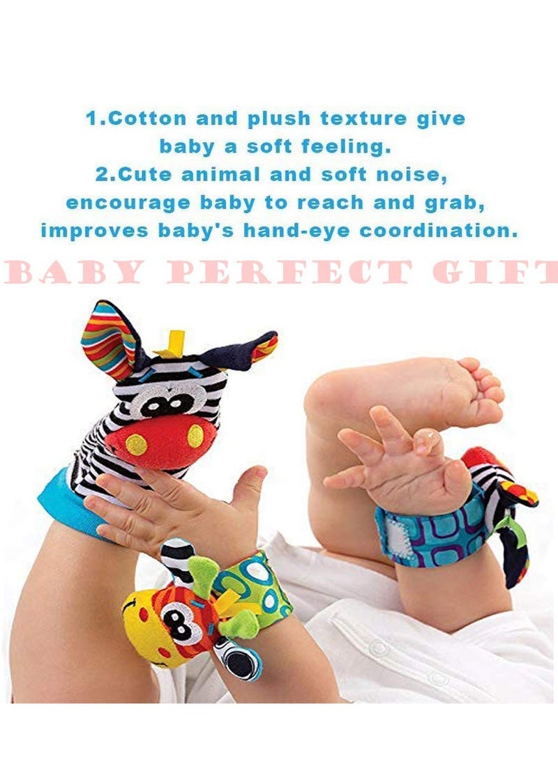 Baby Rattles Toy Socks and Wrist, Pack of 4 Foot Finder and Wrist Rattle Soft Development Toy Plush Toys Game for Newborn Girls and Boys Baby Gift 0-6 Months