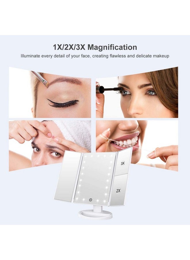 WEILY Makeup Mirror with 21 LED Lights,Two Power Supply Modes, Adjustable Touch Screen and 1x/2x/3x Magnification Tri-Fold Vanity Mirror,Chargeable Travel Cosmetic Mirror for Desktop(White)
