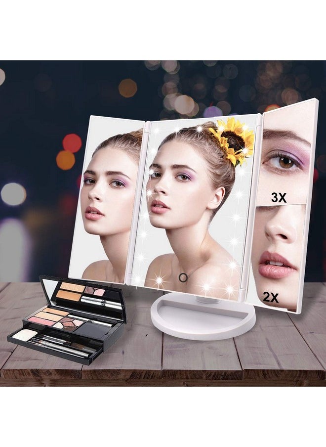 WEILY Makeup Mirror with 21 LED Lights,Two Power Supply Modes, Adjustable Touch Screen and 1x/2x/3x Magnification Tri-Fold Vanity Mirror,Chargeable Travel Cosmetic Mirror for Desktop(White)