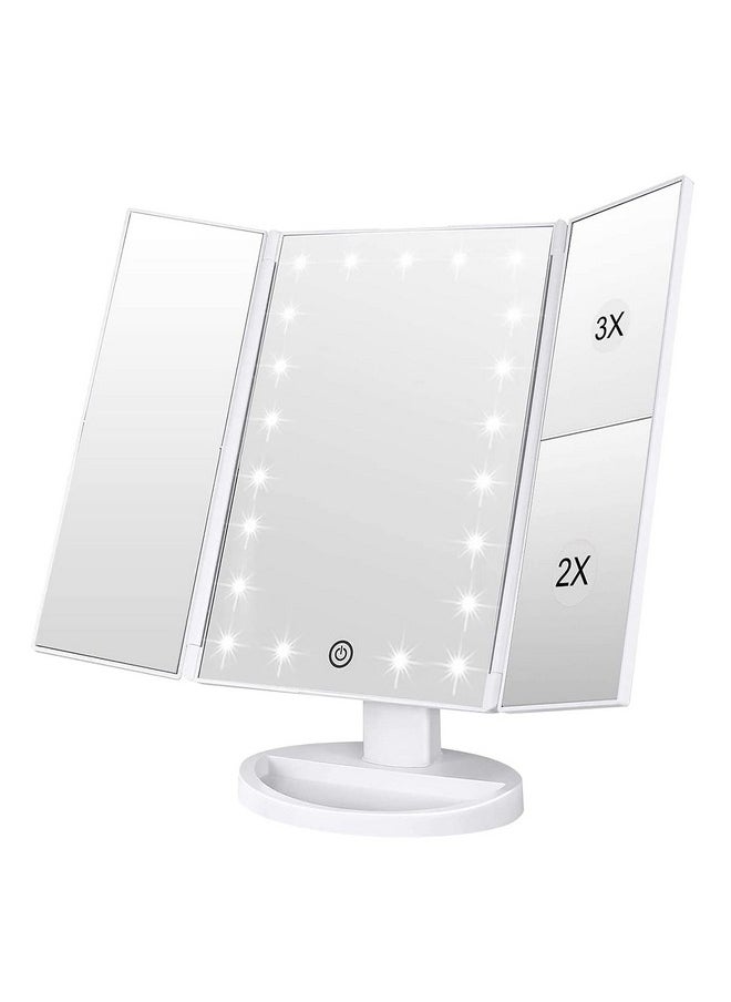WEILY Makeup Mirror with 21 LED Lights,Two Power Supply Modes, Adjustable Touch Screen and 1x/2x/3x Magnification Tri-Fold Vanity Mirror,Chargeable Travel Cosmetic Mirror for Desktop(White)