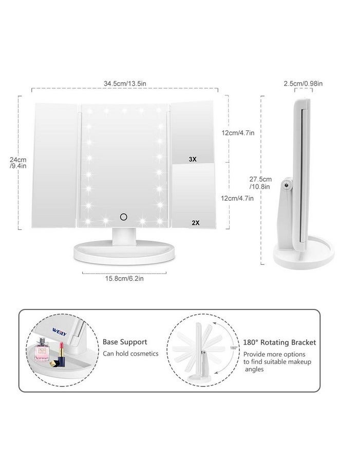 WEILY Makeup Mirror with 21 LED Lights,Two Power Supply Modes, Adjustable Touch Screen and 1x/2x/3x Magnification Tri-Fold Vanity Mirror,Chargeable Travel Cosmetic Mirror for Desktop(White)