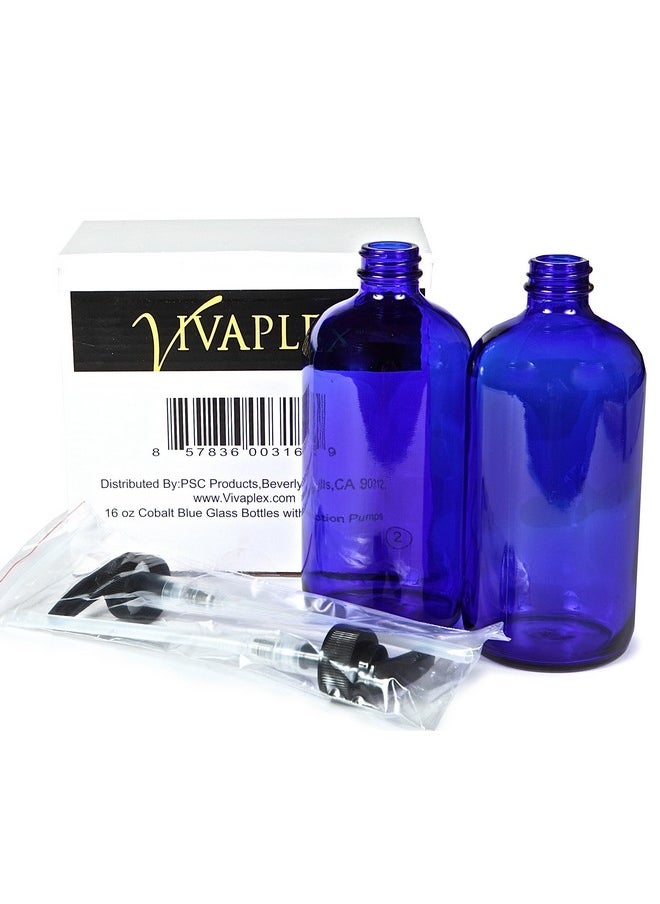 Vivaplex, 2, Large, 16 oz, Empty, Cobalt Blue Glass Bottles with Black Lotion Pumps
