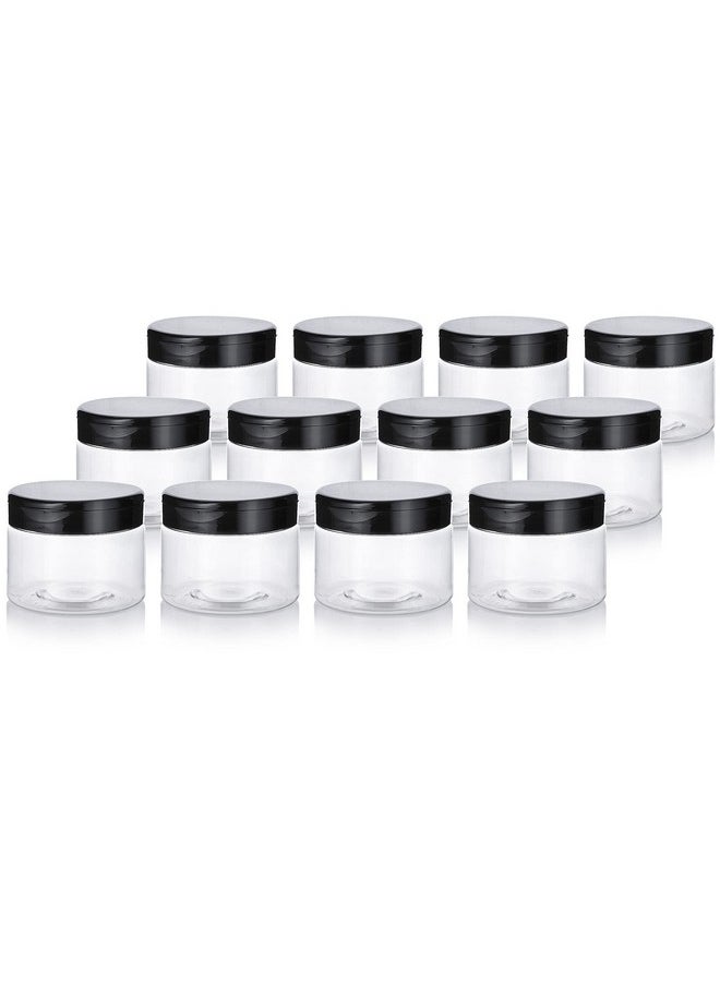 JUVITUS Clear PET Plastic (BPA Free) Refillable Low Profile Jar with Black Flip Top Cap - 12 oz (12 Pack)