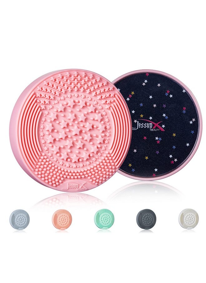Jessup Makeup Brush Cleaning Mat with Color Removal Sponge, 2 in 1 Silicone Makeup Brush Cleaner (Sachet Pink)