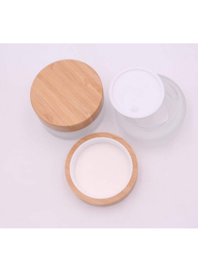 XINGZI 100g/100ml/3.4oz Frosted Glass Cosmetic Cream Jar Bottle Refillable Glass Face Cream Pot Cosmetics Container With Bamboo lids and Inner Liners For Travel DIY Sample Eyeshadow Essential Oils