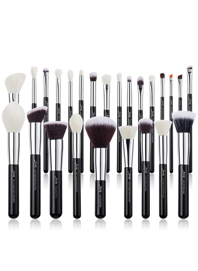 Jessup 25pcs Professional Makeup Brush Set Foundation Powder Concealer Eyeshadow Blending Blush Highlighter Natural-Synthetic Hair Brushes (Black/Silver)