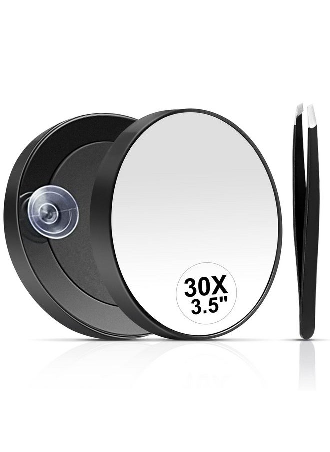 MIYADIVA 30X Magnifying Mirror, Small Magnifying Mirror with Suction Cup and Tweezers, As a Travel Magnifying Mirror, Compact Mirror Set for Plucking Eyebrows 3.5 Inches