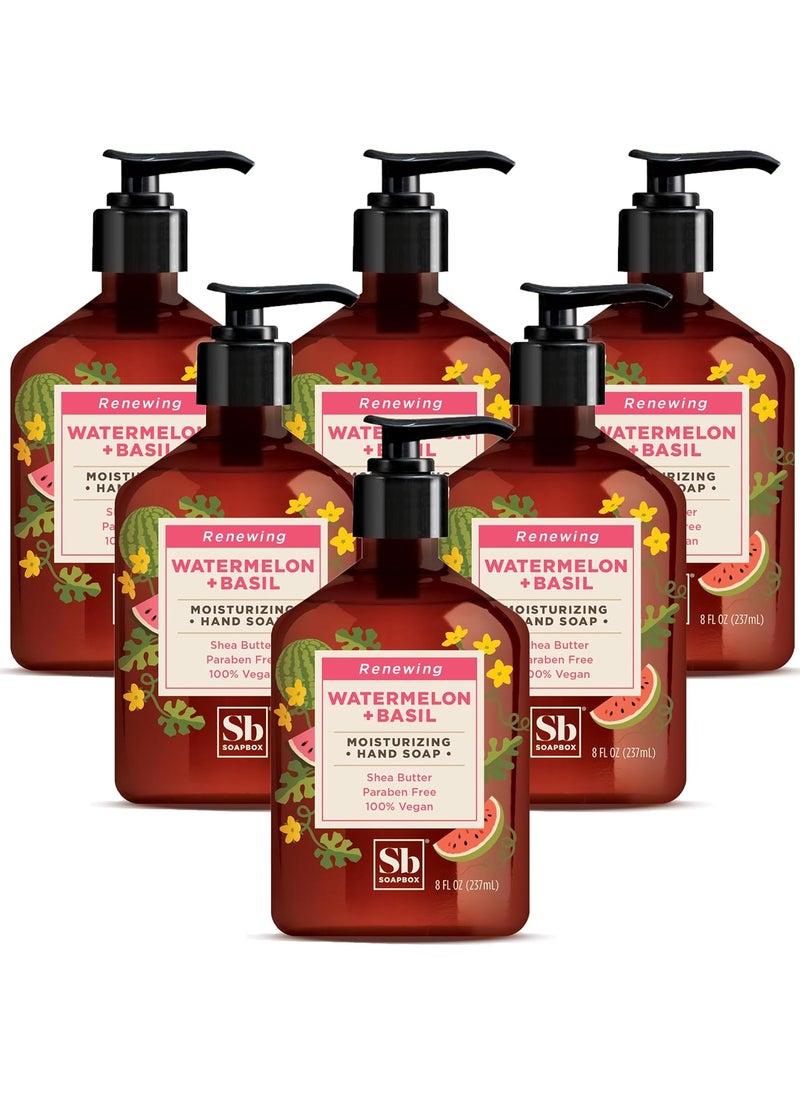 Soapbox Hand Soap Watermelon + Basil Hand Soap for Bathroom & Kitchen with Pump Dispenser, (6 Pack, 8 oz Each)