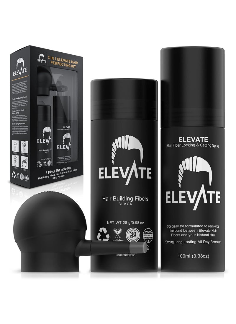 ELEVATE Hair Perfecting 3in1 Kit Set Includes Natural Hair Thickening Fibers  Spray Applicator Pump Nozzle  Locking Setting Hold Spray  Instantly Conceal Balding and Thinning Areas Black