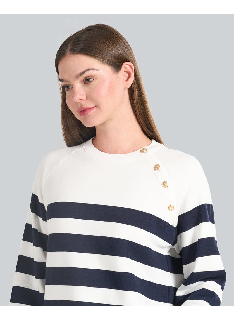 Striped Gold Buttoned Crew Neck Sweatshirt