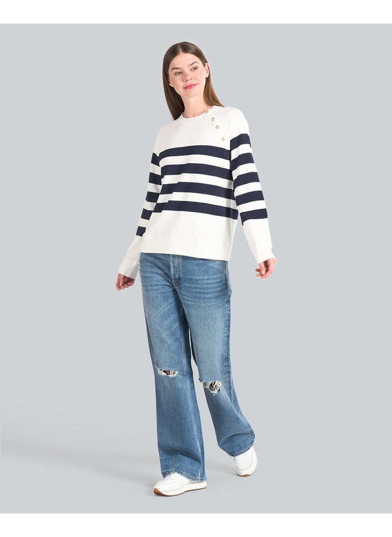 Striped Gold Buttoned Crew Neck Sweatshirt