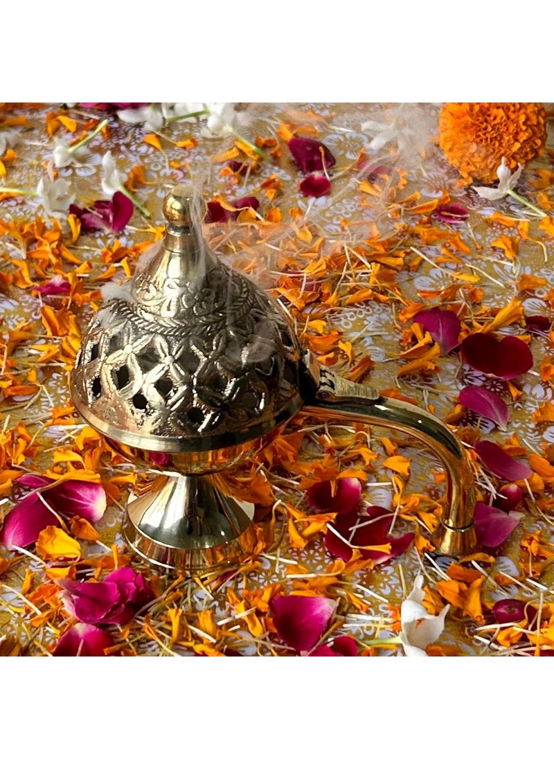 DARPAN KALA Brass Loban Dhuna Burner Dhoop Dani Brass Table Top Dhoop Dani Incense Holder with Brass Handle 14 cm