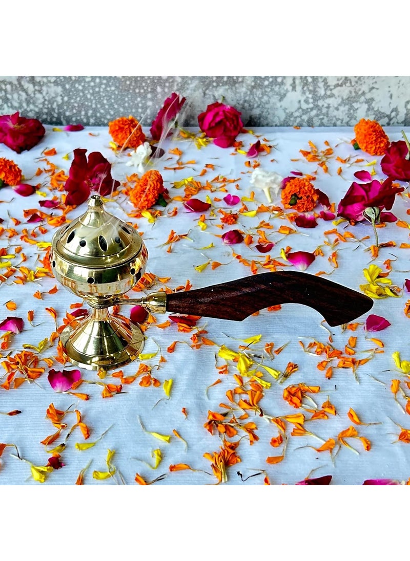 DARPAN KALA Pure Brass Sambrani Dhoop Dani Dhuni Loban Burner Charcoal Incense Burner with Wooden Handle for Puja Home Temple Home Decor Office