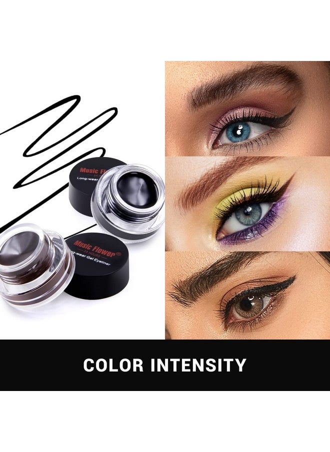 Music Flower Gel Eyeliner, Black and Brown Eyeliner Waterproof Long Lasting Smudge Proof Gel Liner with 2 Brushes, Easy to Apply Eye Makeup 3 g, Pack of 2