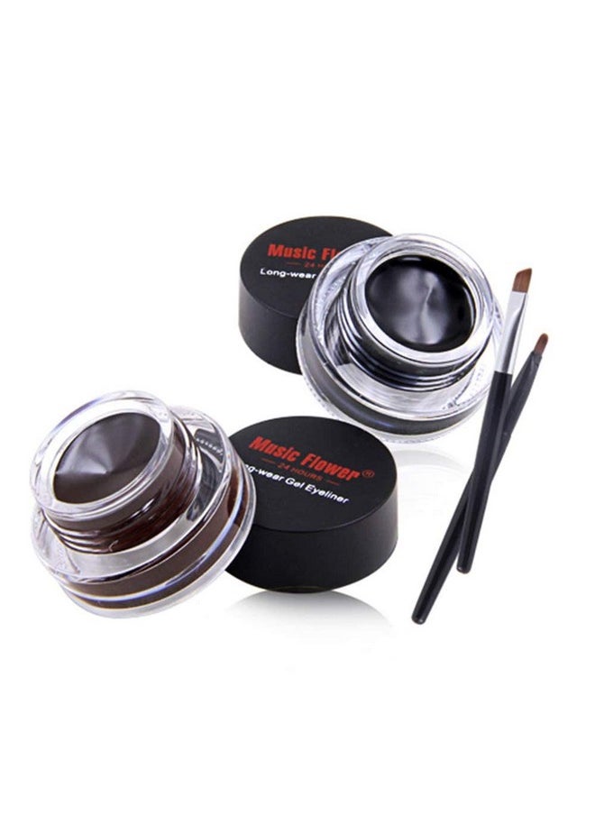 Music Flower Gel Eyeliner, Black and Brown Eyeliner Waterproof Long Lasting Smudge Proof Gel Liner with 2 Brushes, Easy to Apply Eye Makeup 3 g, Pack of 2