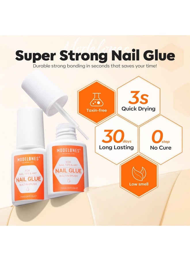 Modelones Nail Glue for Press Ons Nails Glue Strong 2pcs 14ml Nails Tips Glue Brush On Nails Glue Long Lasting Adhesive Nail Glue NO Cure