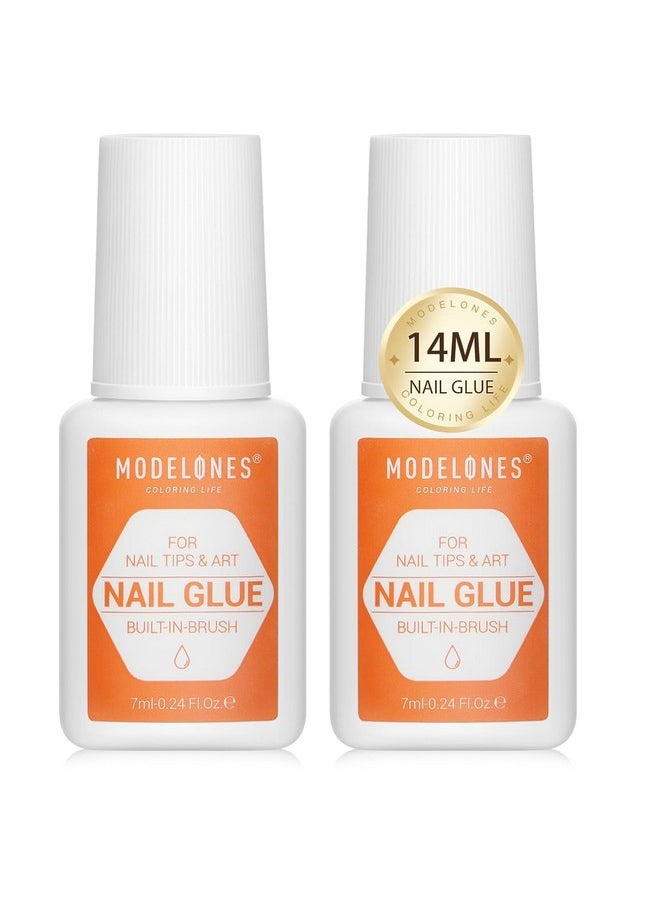 Modelones Nail Glue for Press Ons Nails Glue Strong 2pcs 14ml Nails Tips Glue Brush On Nails Glue Long Lasting Adhesive Nail Glue NO Cure