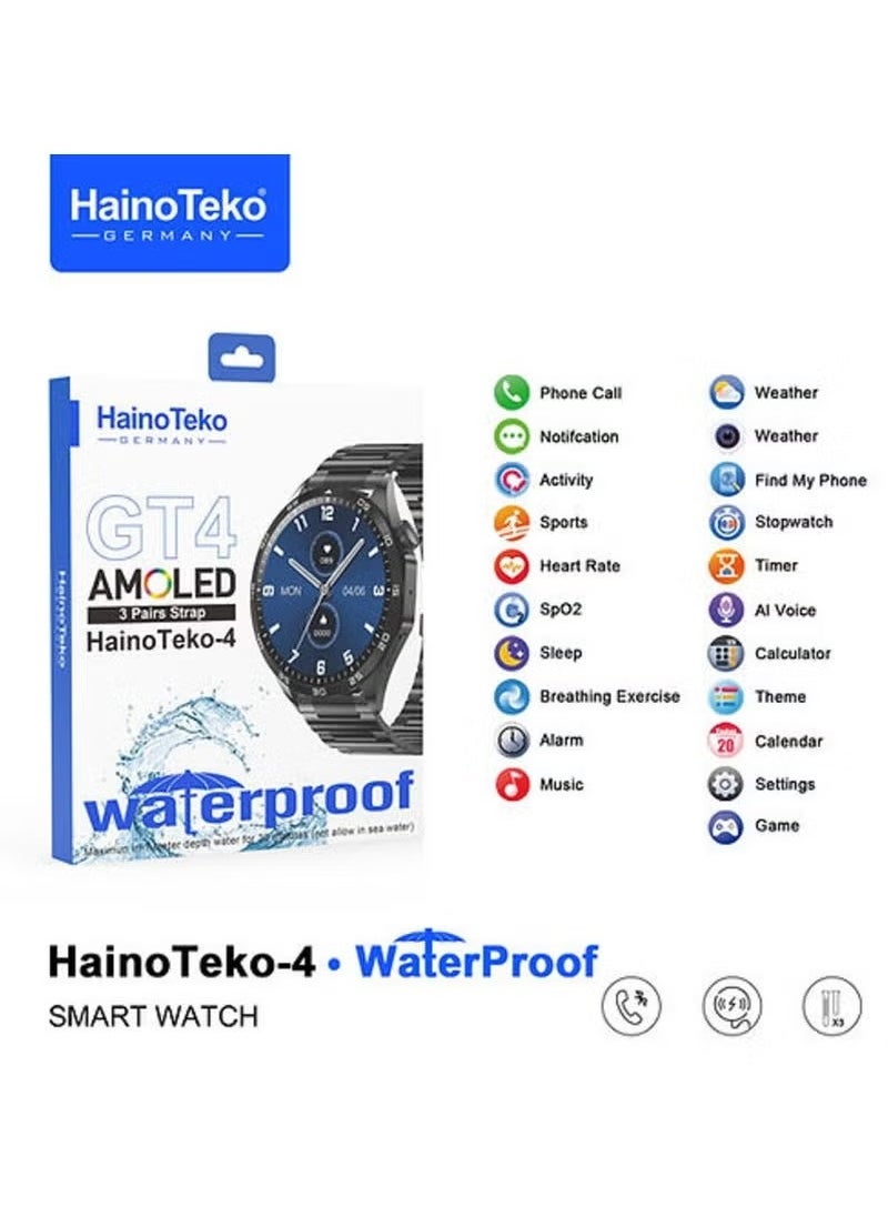 HainoTeko-4 Smartwatch – 3 Pairs of Straps, Stylish Design, Multi-Function Health & Fitness Tracker, Waterproof, Compatible with iOS & Android, for Men & Women