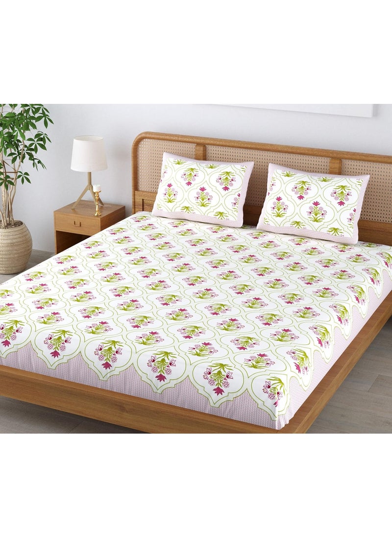 Colorish 120 TC Cotton Blend Floral Motif Printed Jaipuri Bedsheet for Double Bed King Size with 2 Pillow Covers Beige