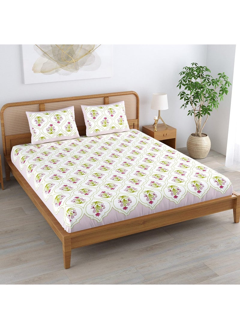 Colorish 120 TC Cotton Blend Floral Motif Printed Jaipuri Bedsheet for Double Bed King Size with 2 Pillow Covers Beige