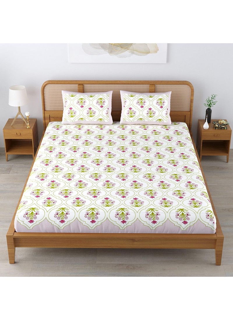 Colorish 120 TC Cotton Blend Floral Motif Printed Jaipuri Bedsheet for Double Bed King Size with 2 Pillow Covers Beige