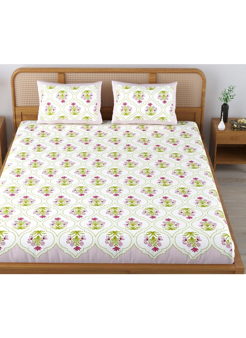 Colorish 120 TC Cotton Blend Floral Motif Printed Jaipuri Bedsheet for Double Bed King Size with 2 Pillow Covers Beige