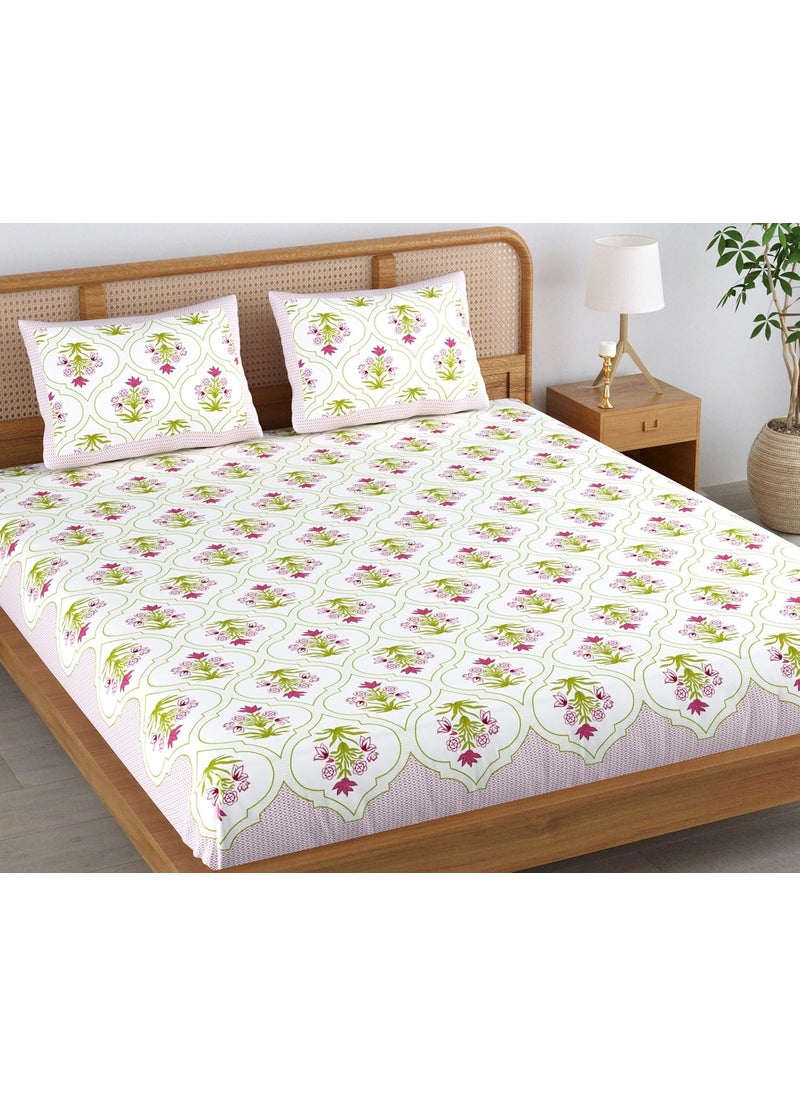 Colorish 120 TC Cotton Blend Floral Motif Printed Jaipuri Bedsheet for Double Bed King Size with 2 Pillow Covers Beige