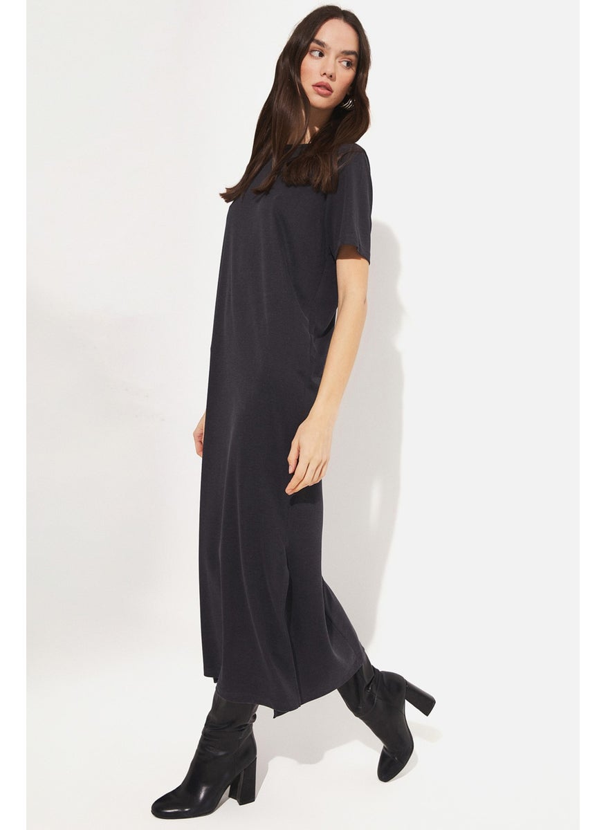 Women's Relaxed Cut Slit Detailed Modal Blend Midi Dress