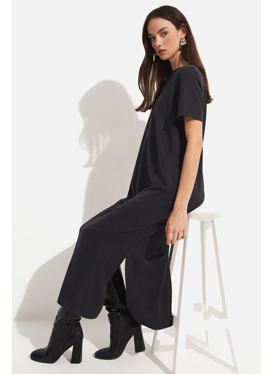 Women's Relaxed Cut Slit Detailed Modal Blend Midi Dress