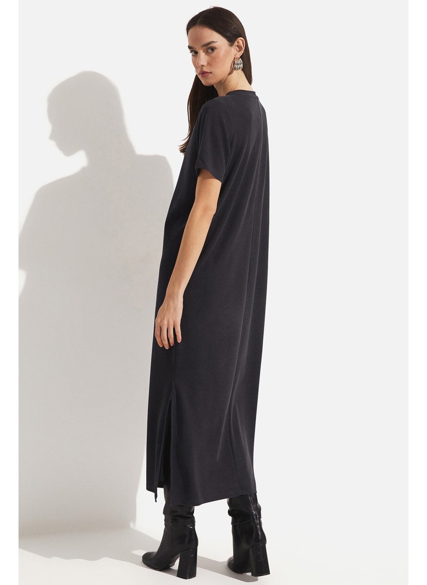 Women's Relaxed Cut Slit Detailed Modal Blend Midi Dress