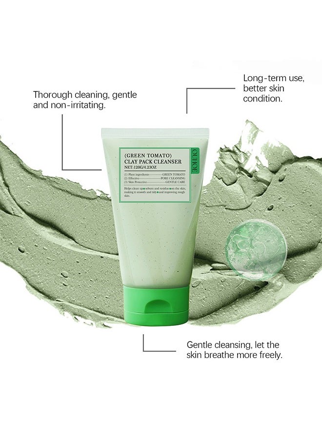 Green Tomato Clay Pack Cleanser，With Smudge stick, Pore Purifying with 49% Green Tomato Extract, Sebum & Clogged Pore Care, Exfoliation, Fragrance-Free, Vegan & Dermatologically Tested-120g