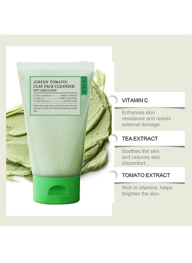 Green Tomato Clay Pack Cleanser，With Smudge stick, Pore Purifying with 49% Green Tomato Extract, Sebum & Clogged Pore Care, Exfoliation, Fragrance-Free, Vegan & Dermatologically Tested-120g